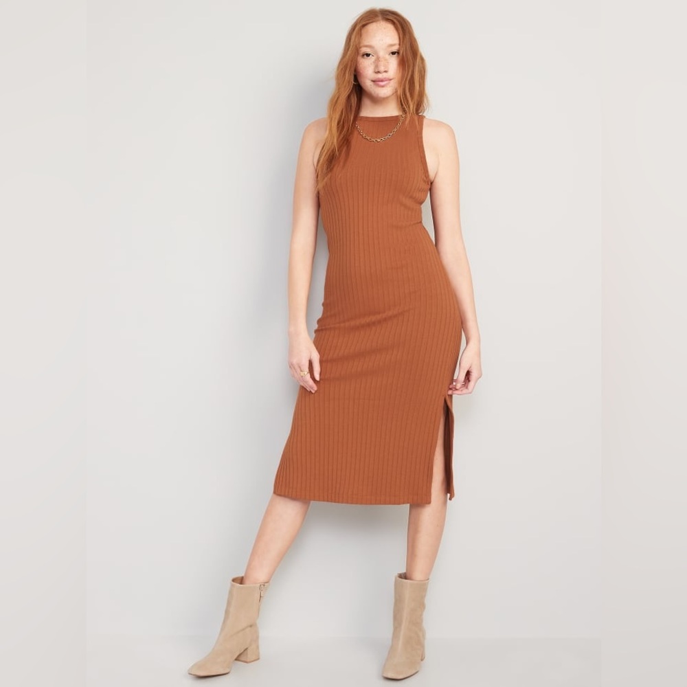 Fitted Sleeveless Rib-Knit Midi Sweater Dress